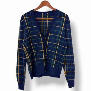 Vtg Brooks Brothers Tartan Plaid Lambswool Cardigan Sweater Elbow Patches M / L